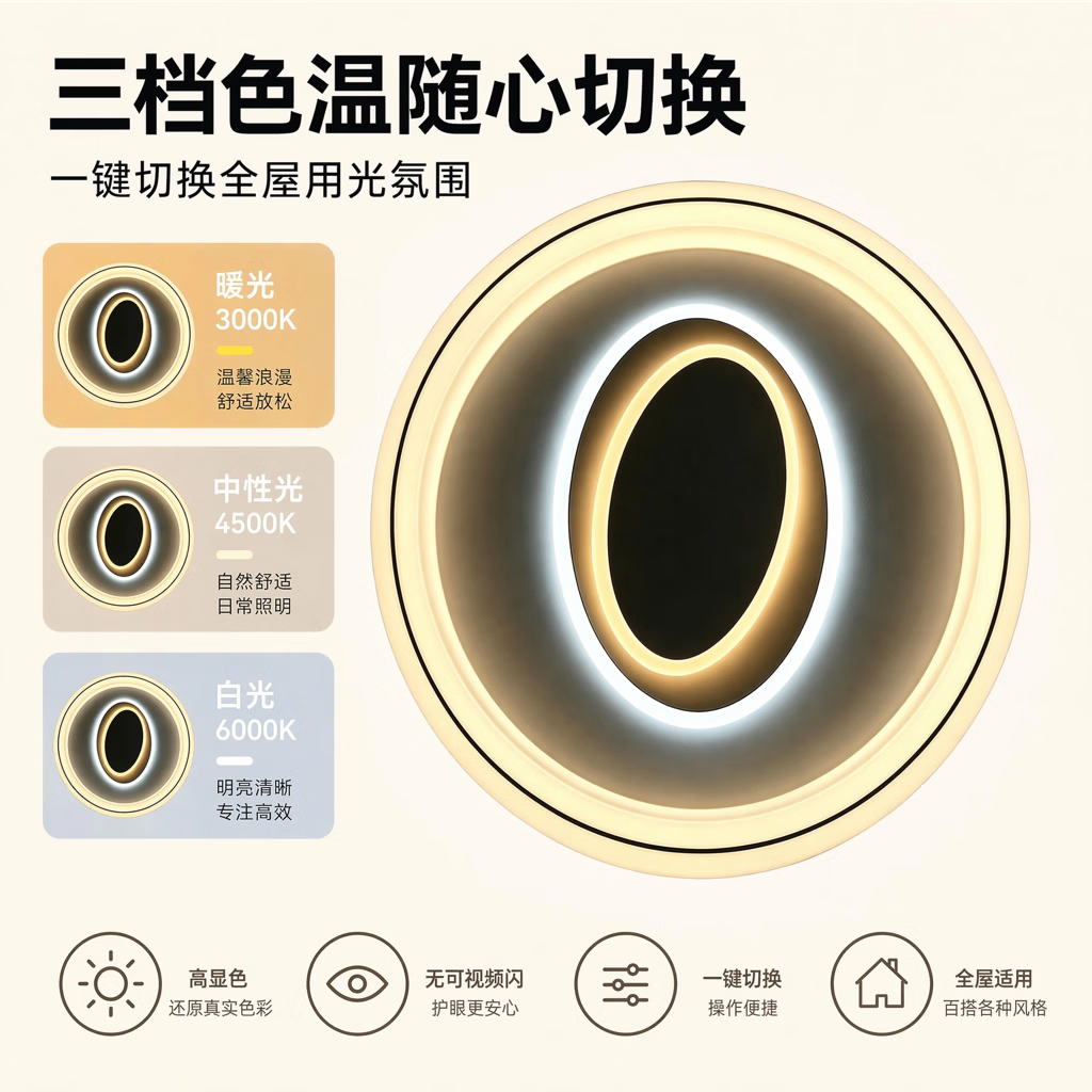 轻奢同心圆造型吸顶灯LED三色分段调光家用主卧极简环形氛围灯具 85W 50㎡内适用 1000lm 三色变光