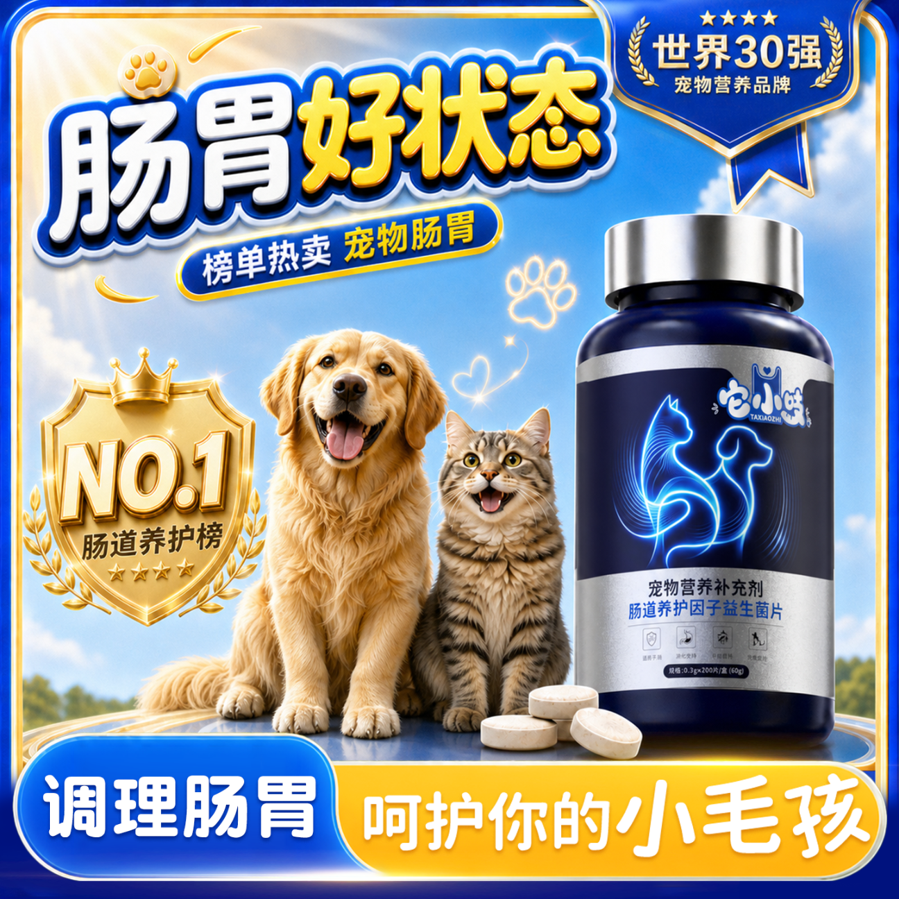 它小吱宠物益生菌片狗狗猫咪调理肠胃幼犬幼猫呕吐腹泻肠道养护补充剂 呵护版【肠道通畅】再添活力 200粒*2盒