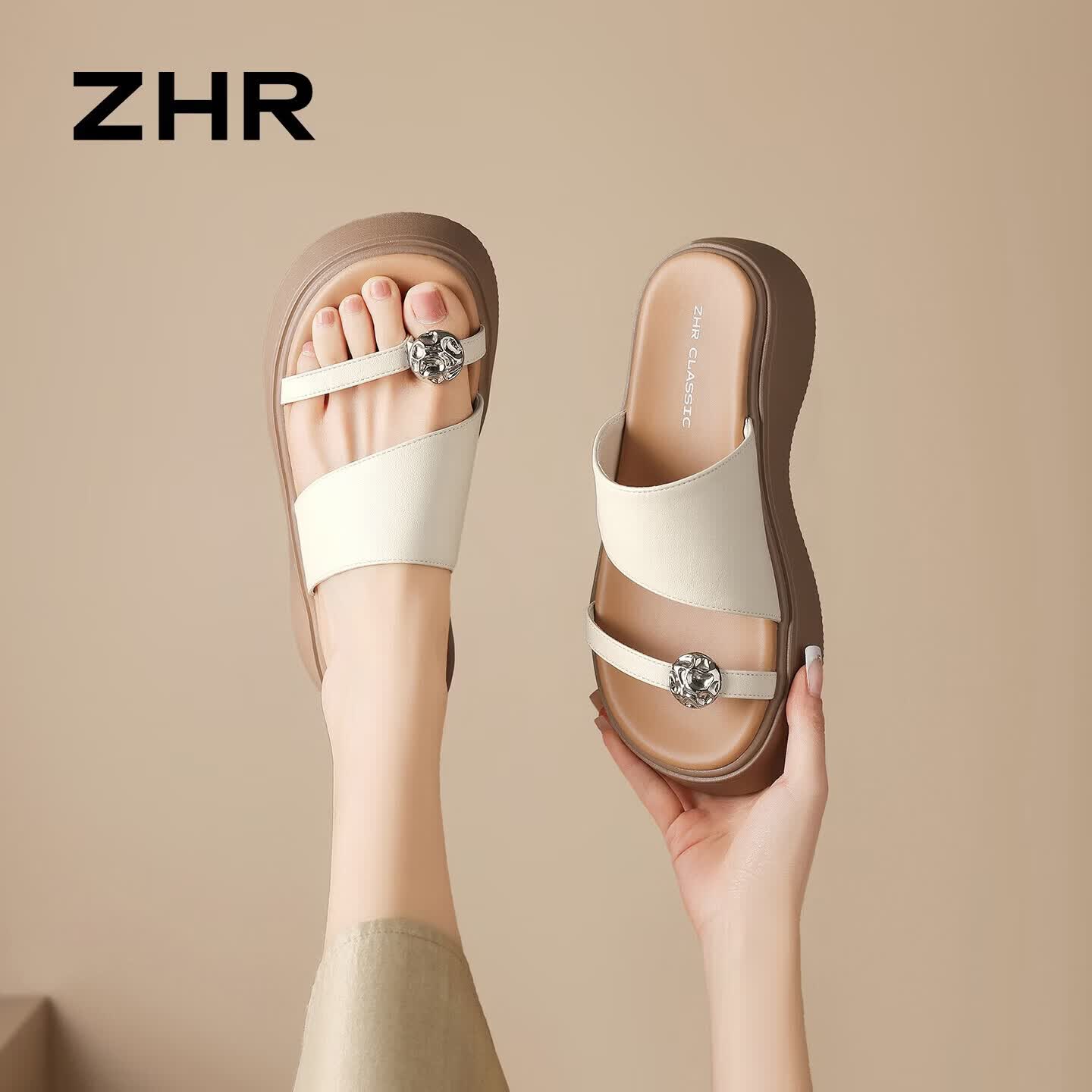 ZHR则则女鞋夏季夹趾一字半拖鞋2026新款增高沙滩外穿凉拖鞋KN322米色35