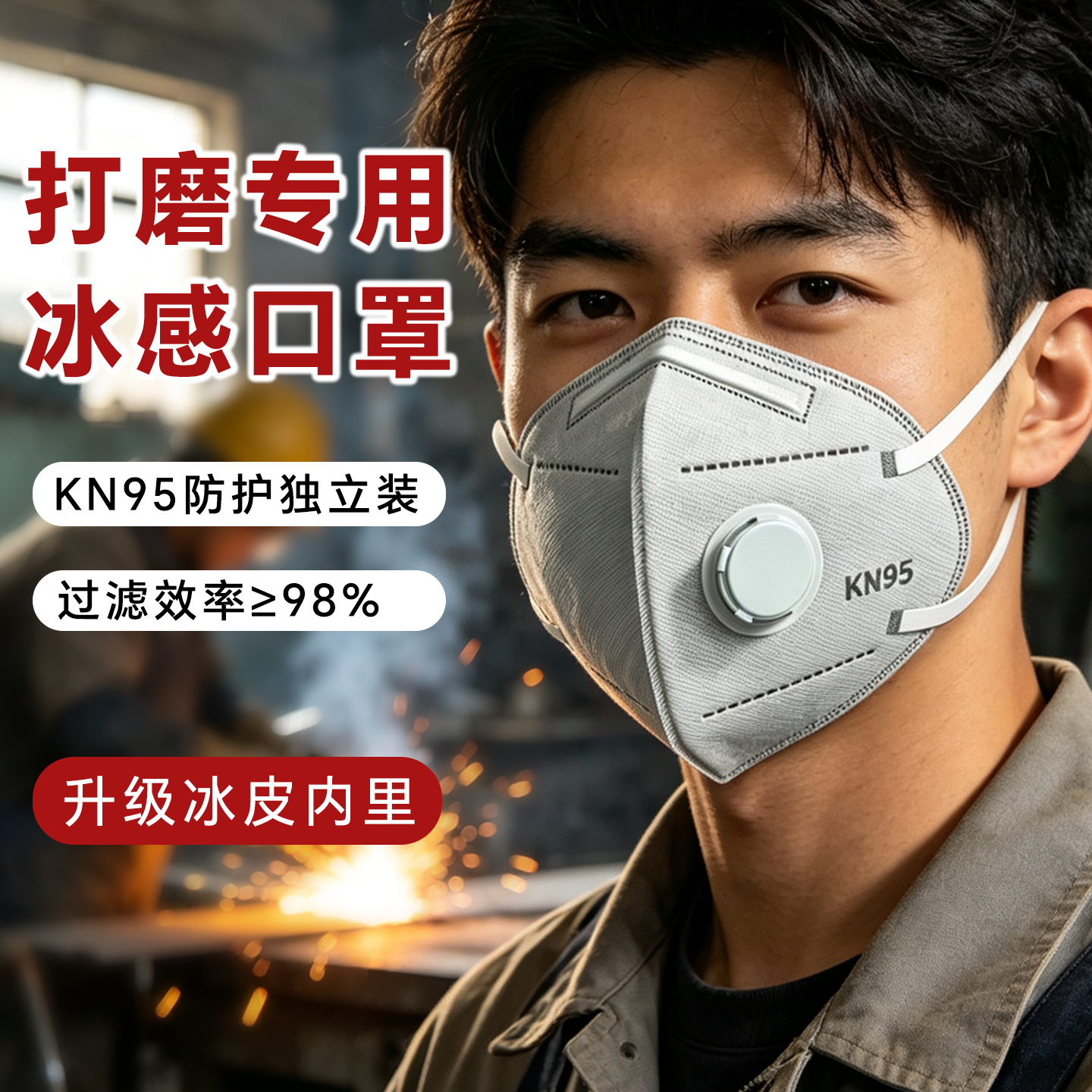 冰感KN95防尘口罩 活性炭防重度工业防尘灰尘 装修打磨专用防护夏季防晒面罩 耳挂式带阀【内置冰感无纺布】50只