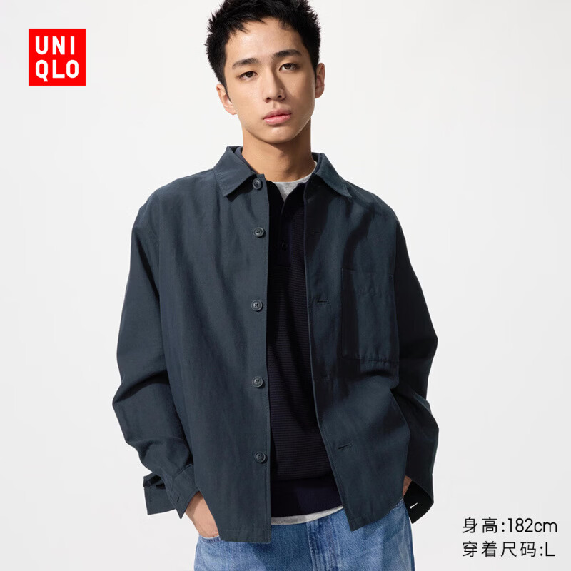 优衣库棉麻衬衫式茄克/长袖男装女装外套夹克26春夏新款482443 69 藏青色 L