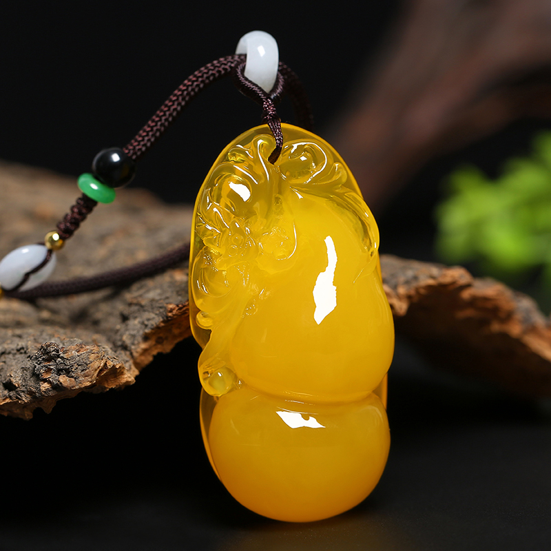 佩曼 蜜蜡葫芦吊坠雕刻琥珀项链民族风长款挂绳毛衣链百搭随形水滴挂