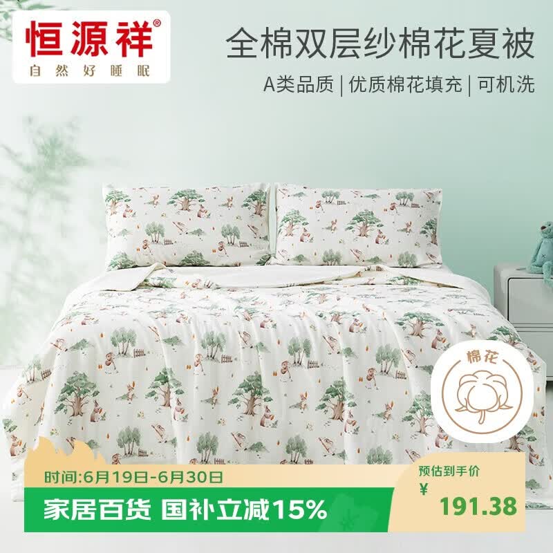 恒源祥棉花被A类抗菌100%全棉双层纱夏凉被水洗空调被 萝卜小兔1.5*2m