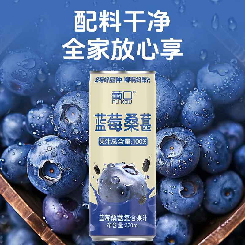 葡口(pukou)果肉饮料果汁清甜解腻饮料健康饮品干净0添加防腐剂 【蓝莓桑葚汁】320ml*6罐 0添加防腐剂