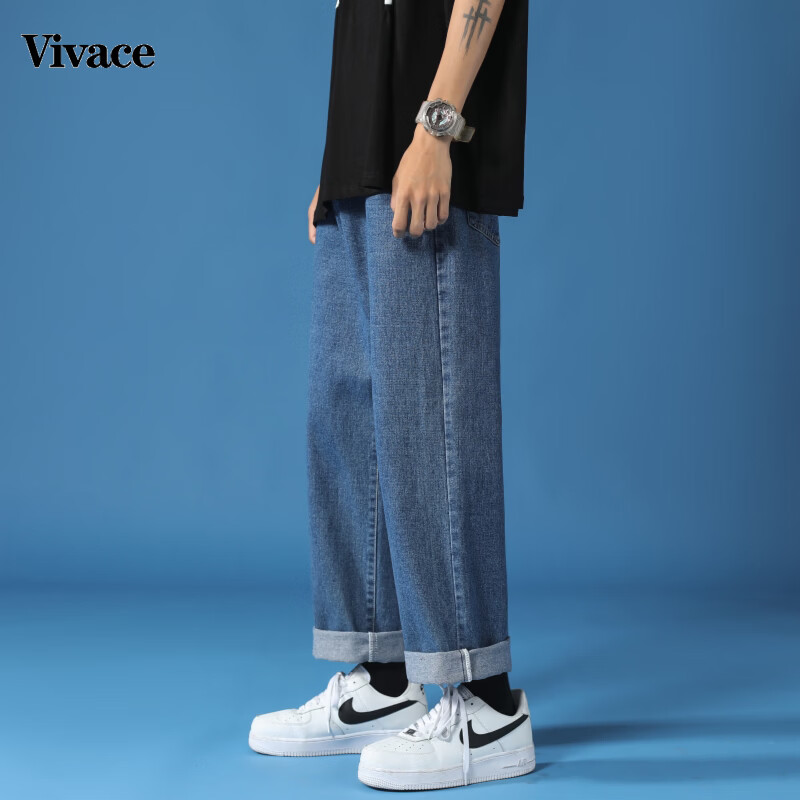 Vivace 高品质春夏季棉牛仔裤子男宽松直筒裤垂感港风潮流裤子 中蓝色 【单件】 M