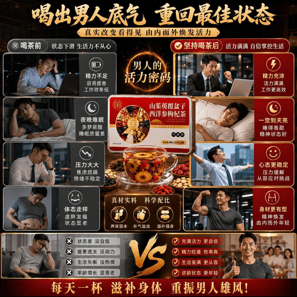 胖东来同款山茱萸覆盆子西洋参枸杞养生茶男性补气血滋补肾阳熬夜精泄早 6盒90罐【深度养肝护肾】效果明显