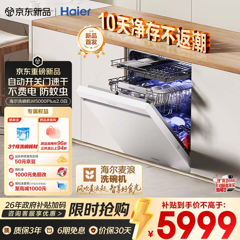 海尔（Haier）麦浪套系洗碗机嵌入式W5000Plus2.0白163升22套双面洗消毒大容量10天净存EYZW2286U1