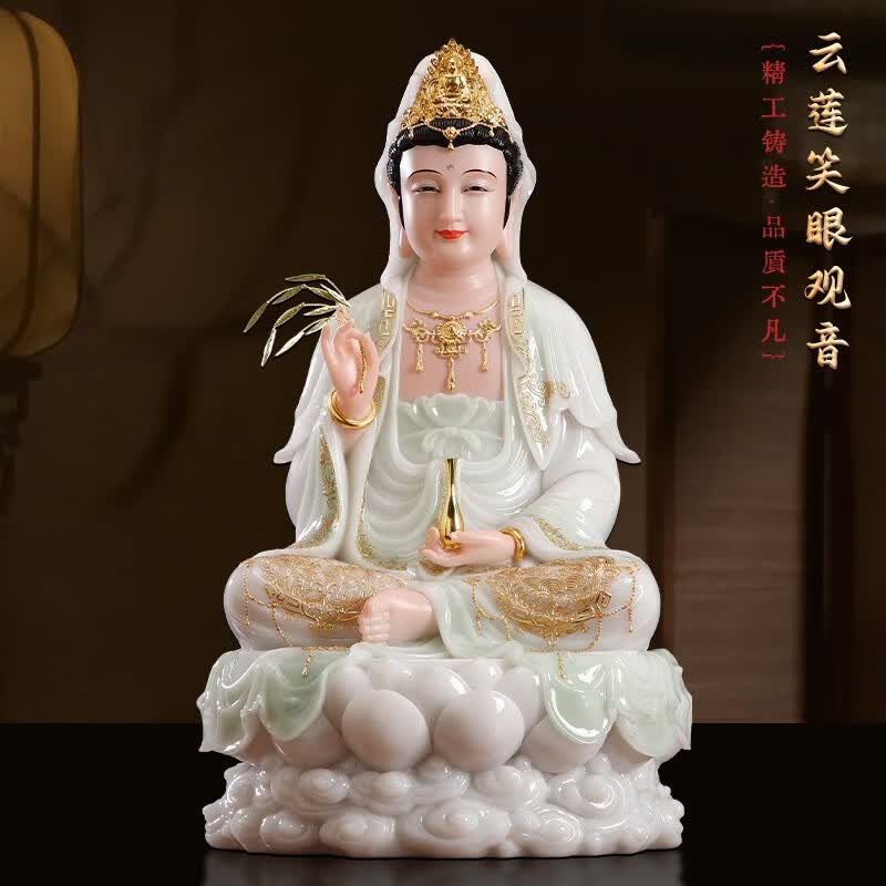盛凡 汉白玉观音菩萨 家用供奉观音佛像坐莲南海观音玉石观音佛堂摆件