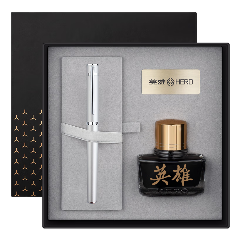 英雄（HERO）鋼筆禮盒商務(wù)辦公銥金筆時尚個性墨水鋼筆書寫套裝【探索者】H605C 天光銀