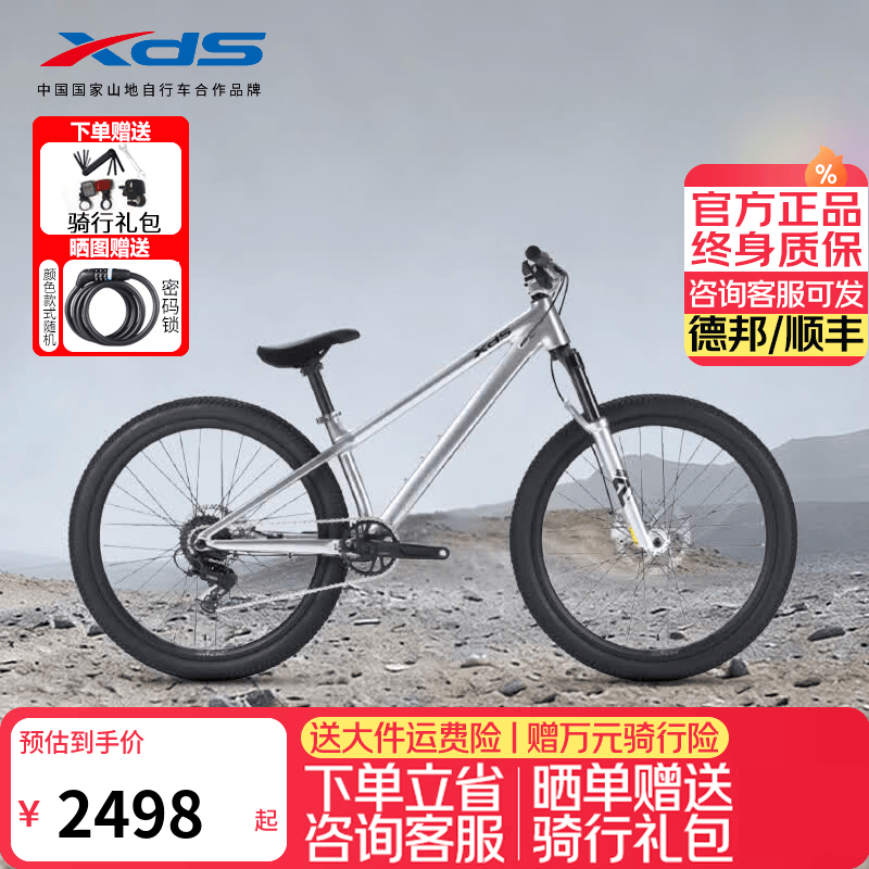 喜德盛（xds）土坡山地自行车铝合金油簧避震前叉8速26英寸油压碟刹速降越野车 极光银
