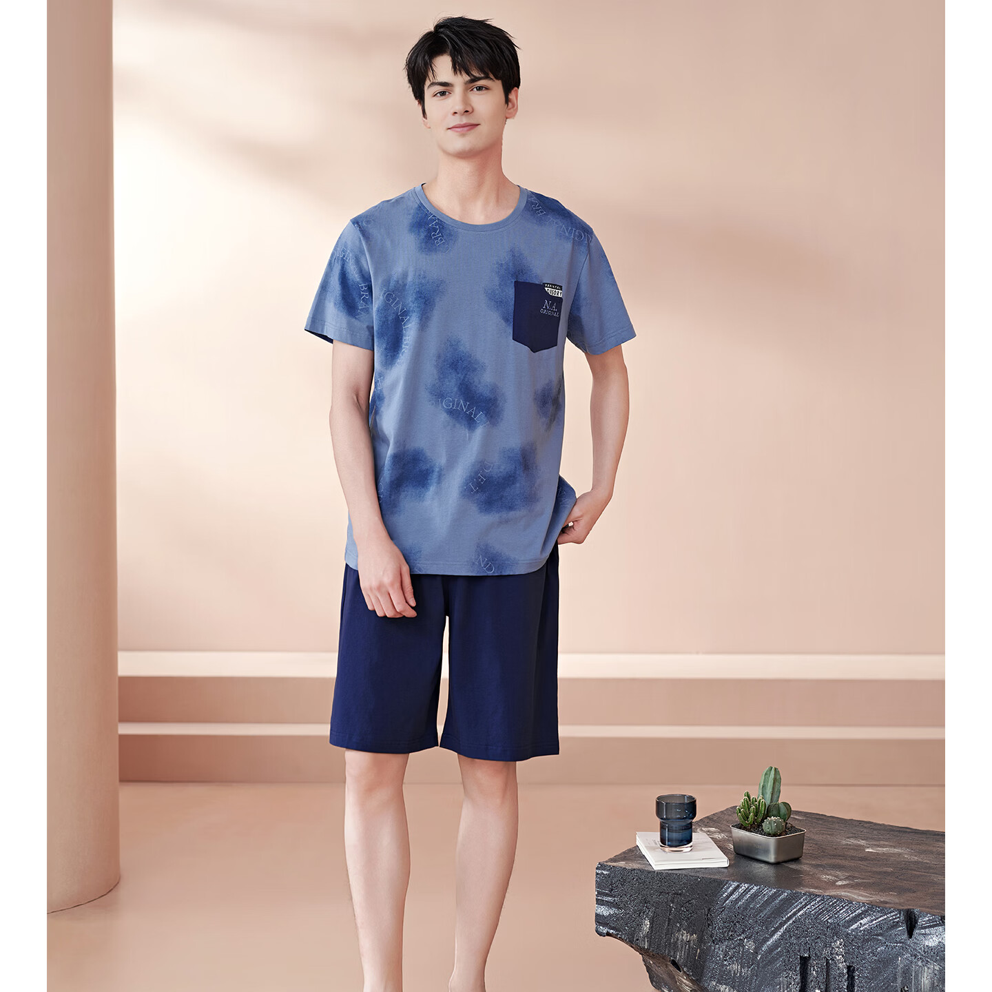芬腾睡衣男士夏季纯棉短袖短裤可外穿夏天青年大码休闲家居服套装 FX27921927灰兰 3XL 建议185-205斤