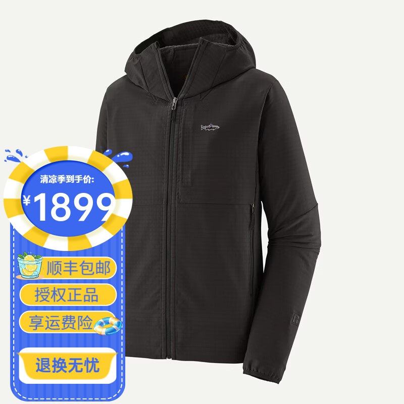 巴塔哥尼亚（Patagonia）男士R1 TechFace Fitz Roy hoody鱼标抓绒保暖连帽软壳夹克81787 BLK黑色 S