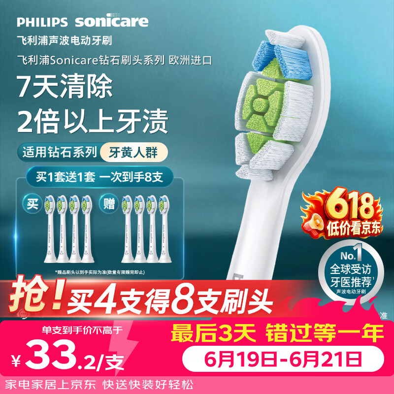 飞利浦（PHILIPS）电动牙刷头W2亮白型官方原装欧洲进口适配钻石1/3/3pro/CI/导航刷系列刷柄 4支装HX6064/85 白色