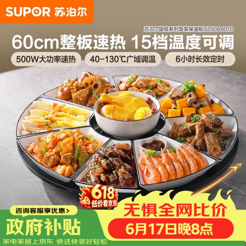 苏泊尔（SUPOR）【价保618】暖菜板饭菜保温板热菜板 加热桌垫 解冻加热板BZ60A801D（圆形60CM）