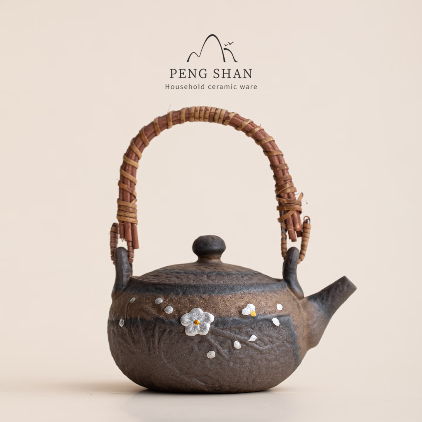 鹏山古早烧鎏金提梁壶老岩泥藤编把手粗陶茶壶家用功夫泡茶壶茶杯茶具