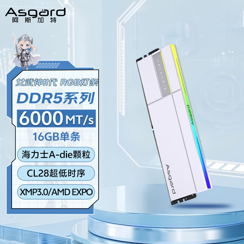 阿斯加特（Asgard）16GB DDR5 6000 台式机内存条 女武神·瓦尔基里II代 RGB灯条 海力士A-die CL28 极地白 AI电脑