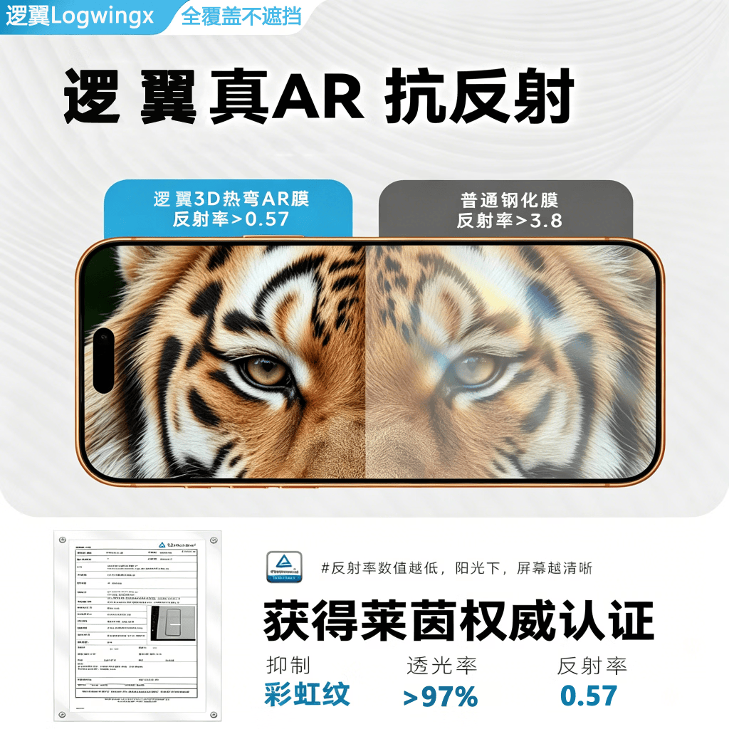 逻翼【3D热弯AR增透膜】透光率>97%适用iphone17promax钢化膜苹果17pro手机膜全屏0感膜抗指纹AR抗反射 苹果17/16pro【3D热弯*护眼丨强效抗指纹】 超清钢化膜-超AR抗反射-2片装