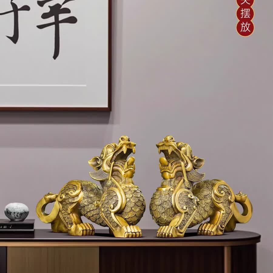 旺旺全铜貔貅摆件一对黄铜皮丘招财客厅办公室开业礼品大号纯铜制貔犰 52厘米一对