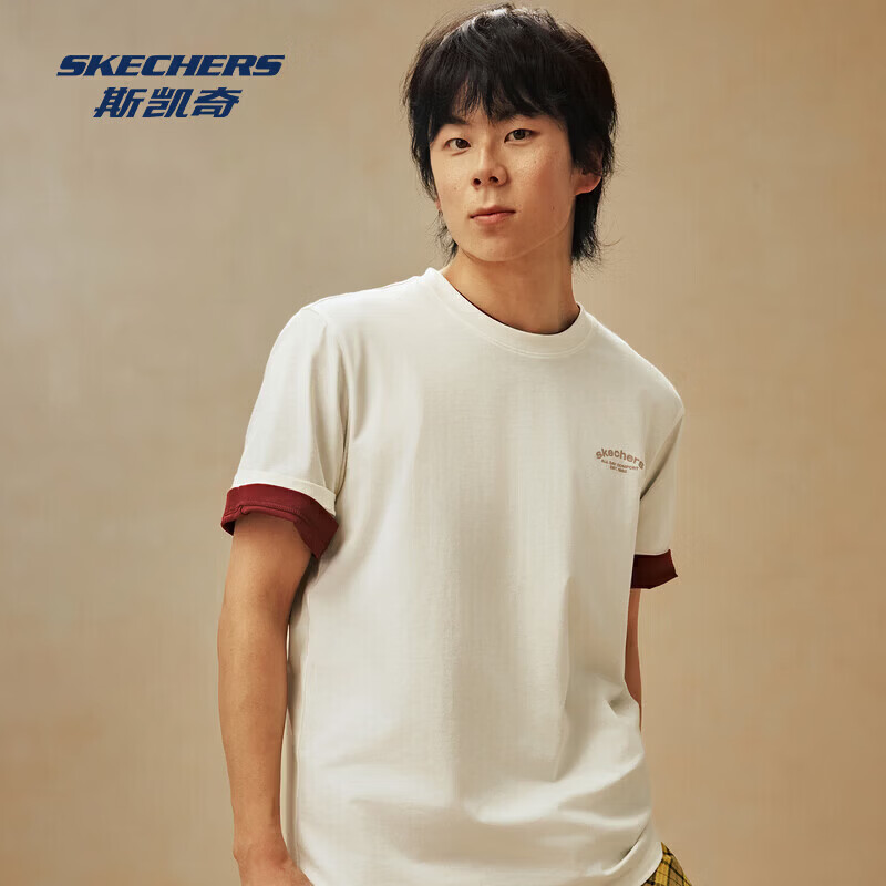 斯凯奇（Skechers）短袖男夏季新款T恤轻薄透气休闲上衣简约纯色情侣打底 棉花糖白 L