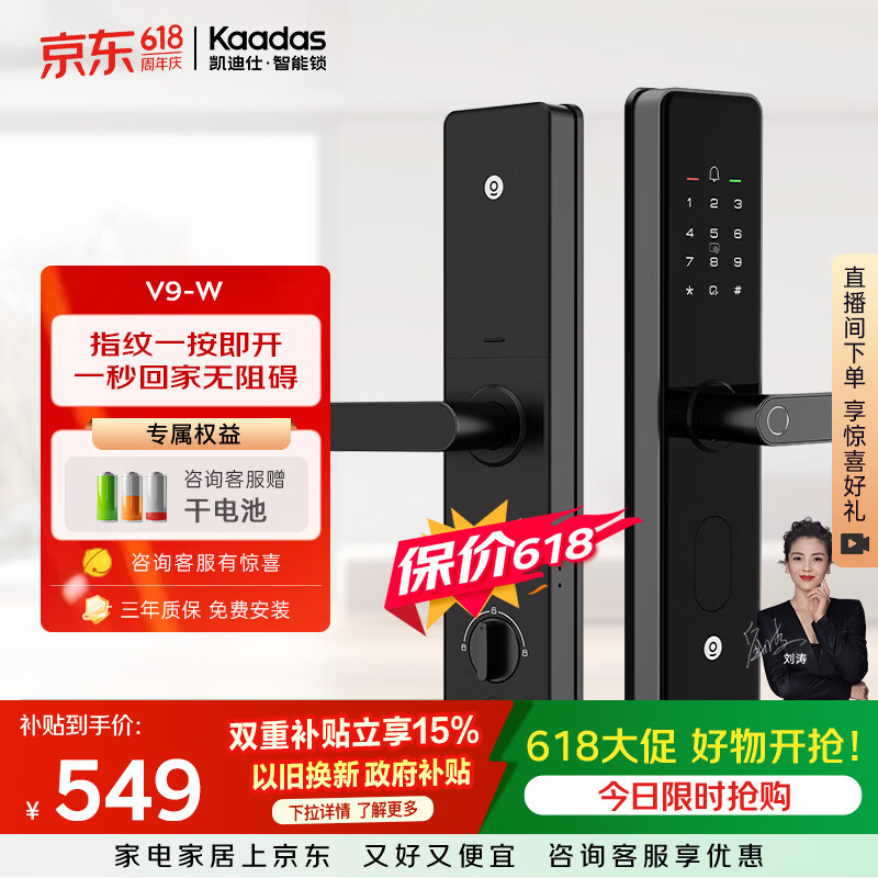 凯迪仕（KAADAS）【价保618】智能门锁 指纹识别联网防盗入户门电子智能密码锁V9-W
