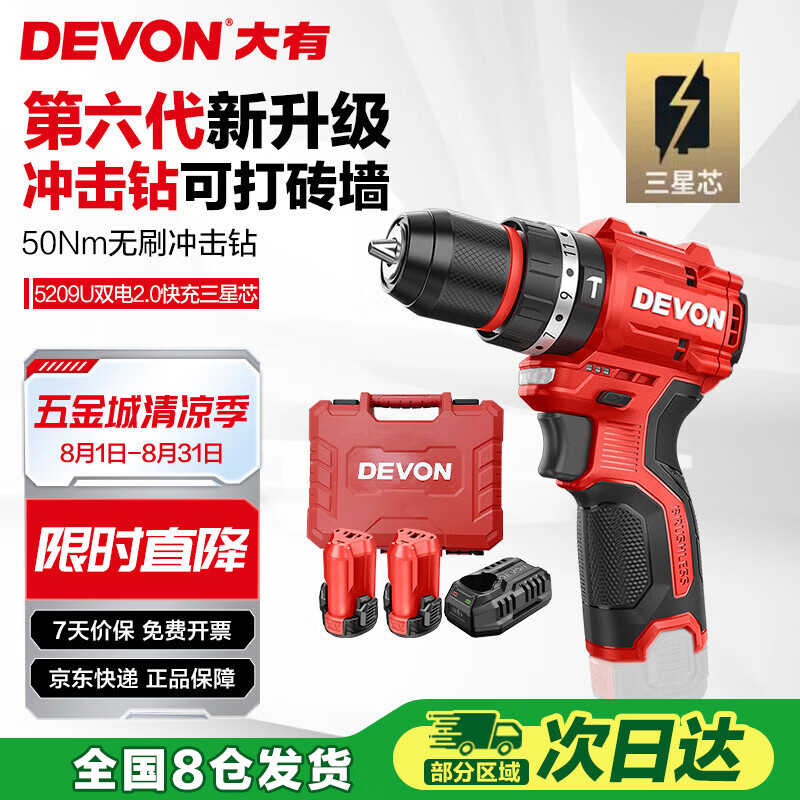 大有（Devon）12V无刷锂冲击手电钻 50牛米充电钻冲击钻手转螺丝刀起子机 5209U