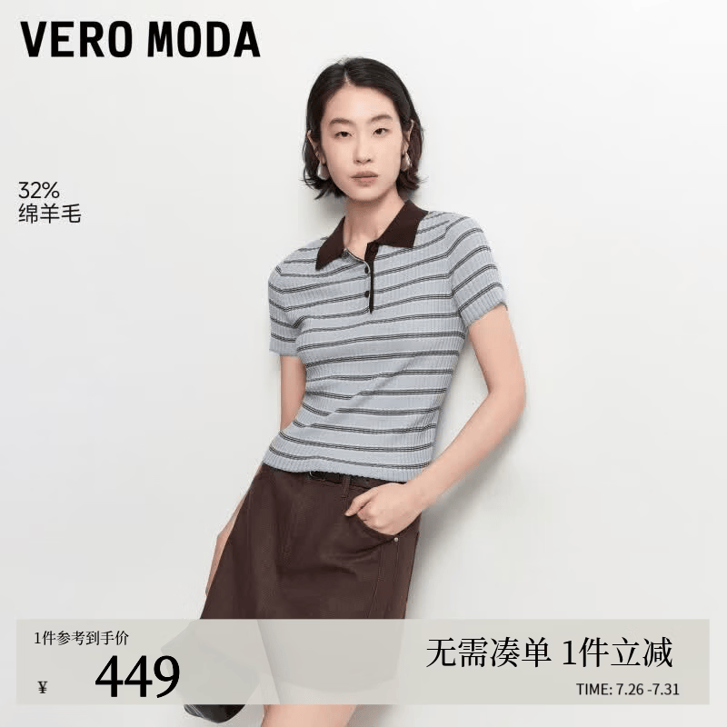 VEROMODA针织衫女2026秋季新款含绵羊毛条纹Polo领修身正肩短袖326313031 色胺蓝加花 XL