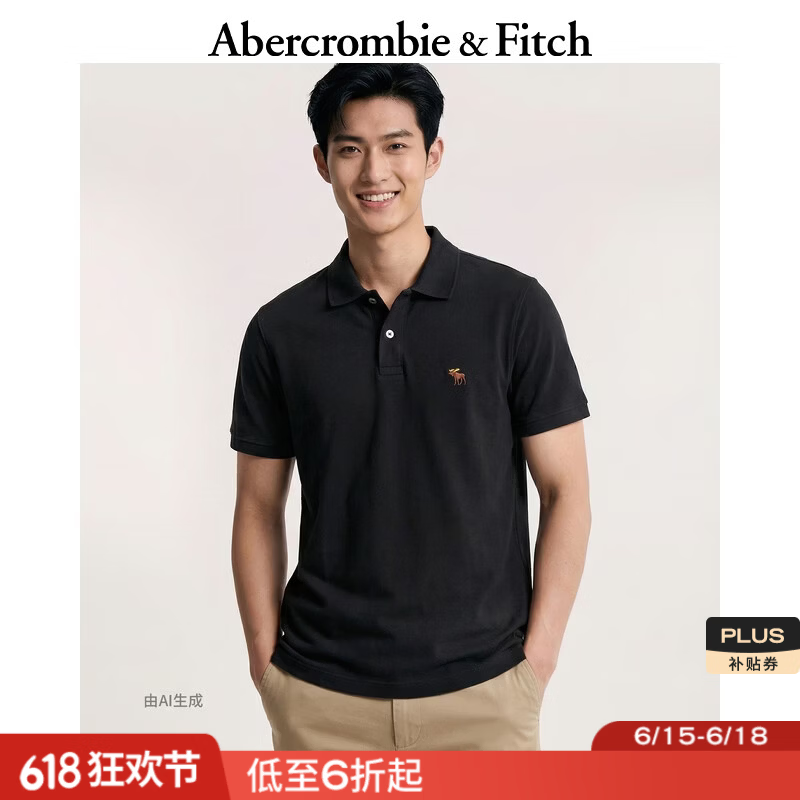 Abercrombie &amp; Fitch经典小麋鹿图案美式复古通勤百搭短袖POLO衫26春夏男装124-6035 黑色 L (180/108A)
