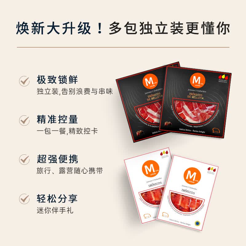 MONTE ESTRELLA西班牙进口火腿 伊比利亚纯橡果散养黑猪整只后腿切片装 即食生吃 【白+绿+红+黑标】组合装25g*4包 送火腿丁