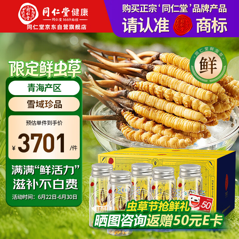 同仁堂（TRT）品牌 新鲜冬虫夏草鲜虫草约0.61-0.8克/根50根装青海源头直发包邮