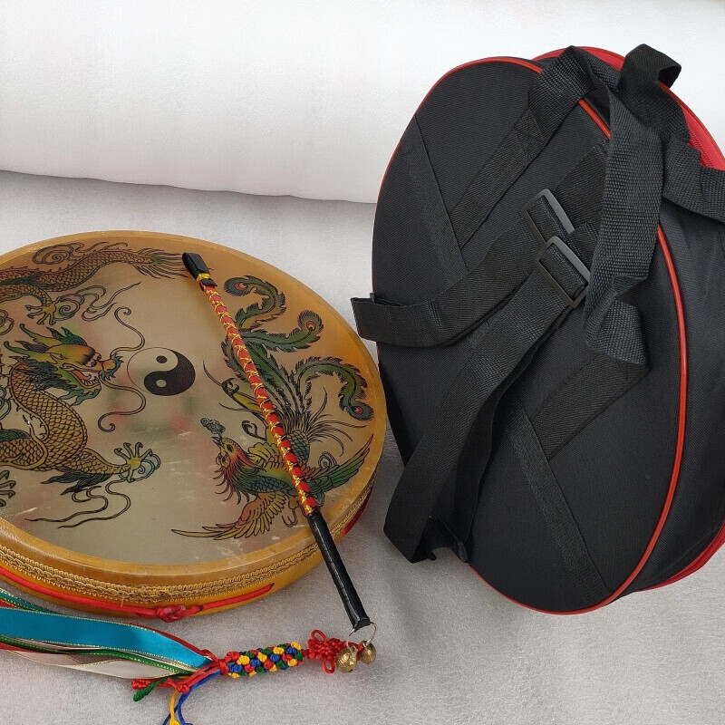 贤怀达精品萨满鼓透明皮双铜黄二神鼓跳神彩绘鼓定做图案配藤条鼓鞭鼓