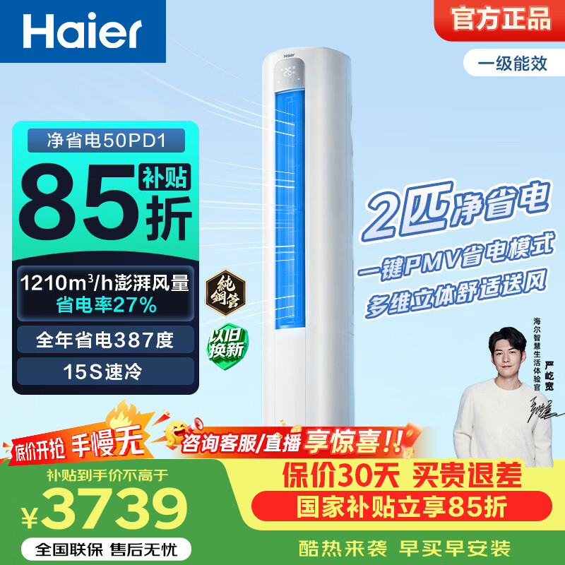 海尔（Haier）净省电空调青春版 2匹3匹柜机一级能效速冷速热节能除菌自清洁空调 家电补贴 以旧换新 节能省电 2匹 净省电50PD1