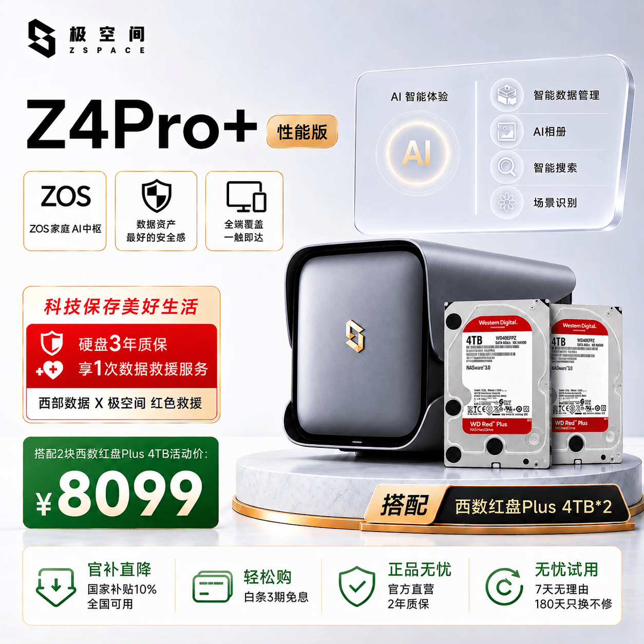 极空间私有云Z4Pro+性能版 4T四盘位NAS智能AI娱乐影音办公网络存储服务器(配2块红盘Plus 4TB硬盘)灰色