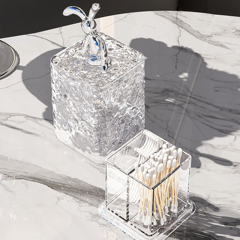 轻奢冰川纹牙签盒牙签筒家用防尘牙签罐牙线罐棉签收纳罐收纳盒 透明方形兔子款（1个装）