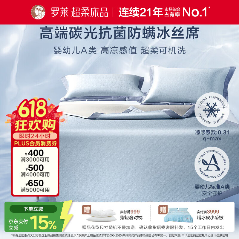 罗莱家纺 A类冰丝席【可机洗】抗菌防螨凉席床笠款三件套蓝180*200*30