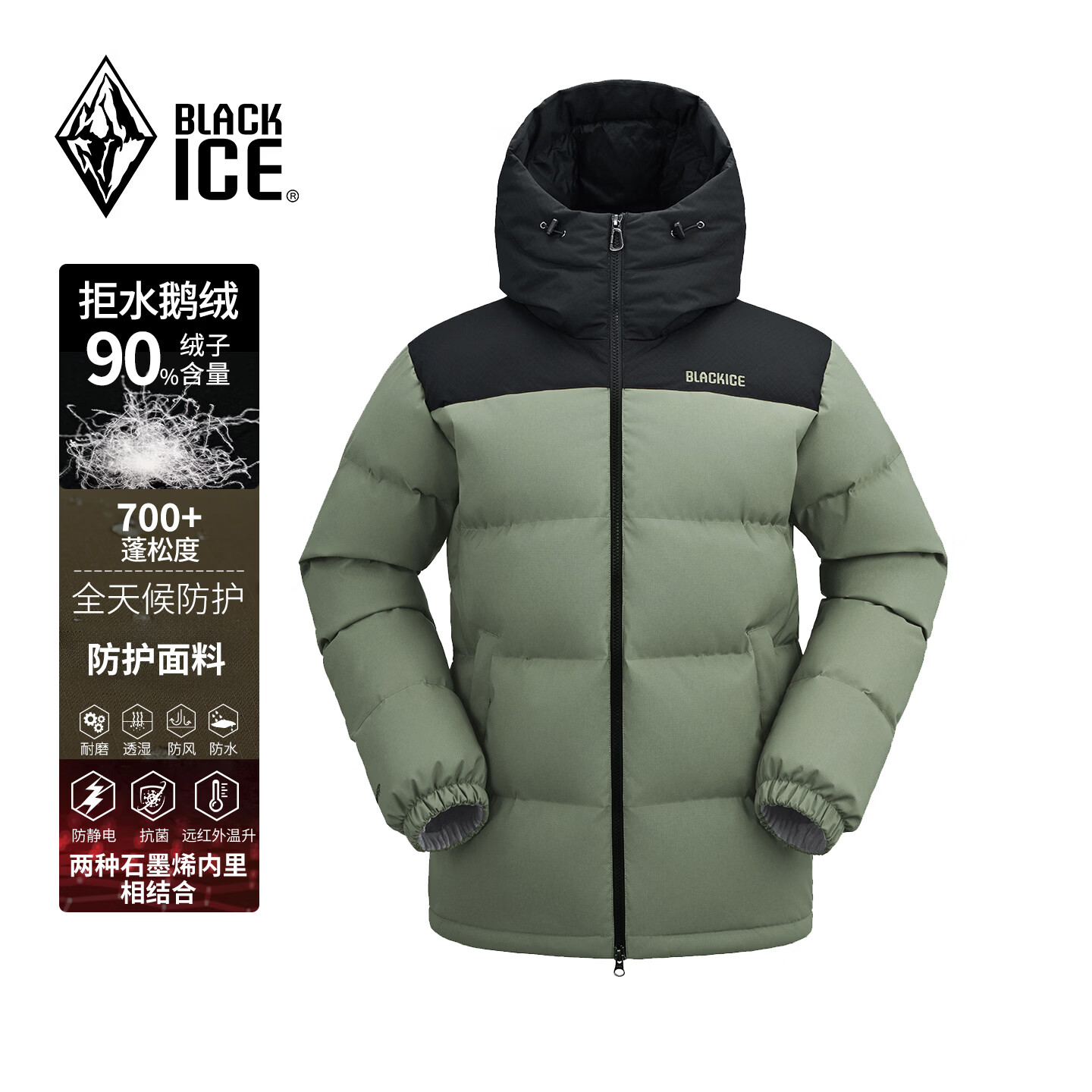 黑冰秋冬男羽绒服防风保暖耐磨700蓬鹅绒拼色连帽外套 F8567MJ 黑绿 S