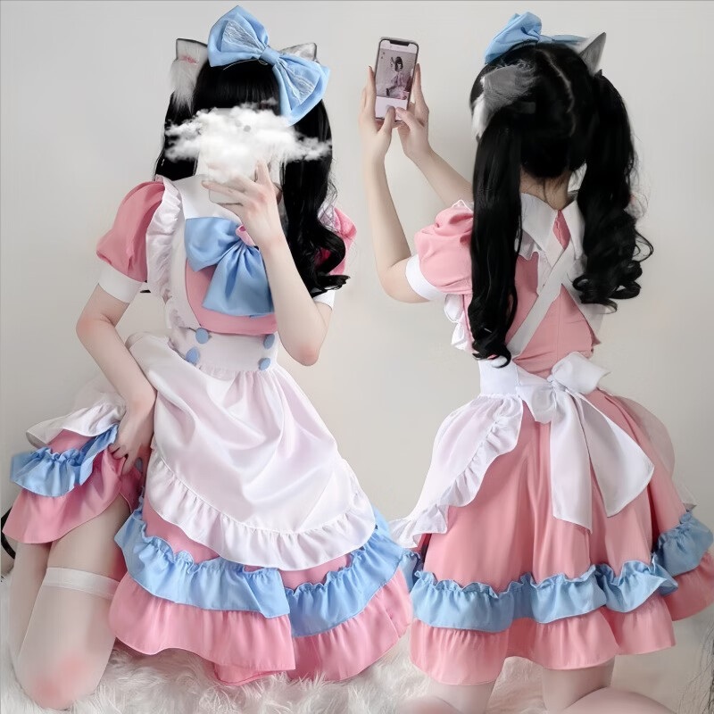 伪娘女仆装可爱猫爪日系粉蓝色cos制服男仆套装男娘女装约会漫展 【猫爪女仆套装】五件套 L【胸围92cm以内】