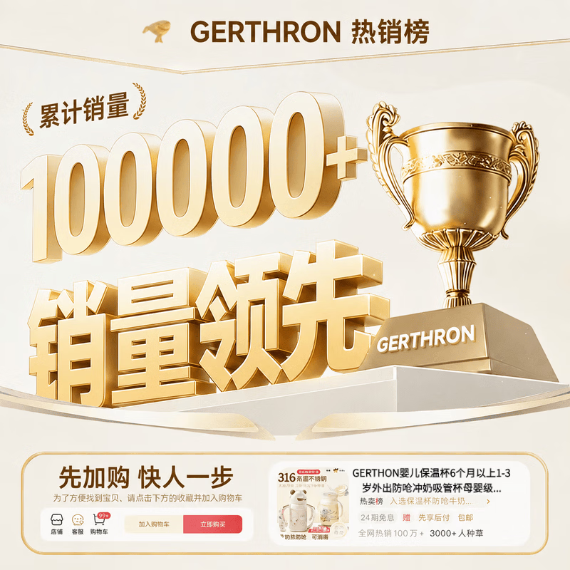 GERTHRON德国【百万热销】婴儿保温杯0-6个月以上1-3岁外出防呛冲奶吸管杯 米白【送清洗套装+备用吸嘴】 400ML
