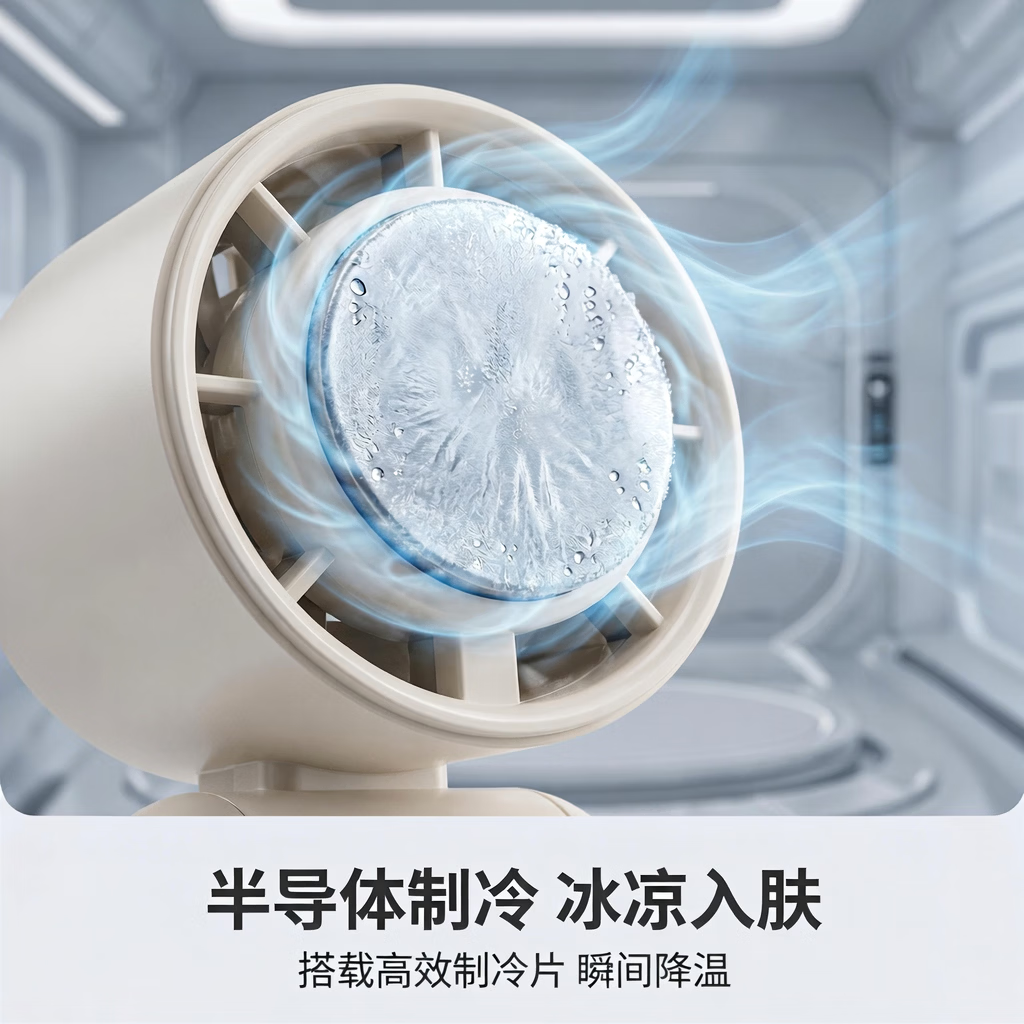 戴松半导体制冷手持小风扇长续航可折叠便携桌面立式挂脖三用随身降温USB小电扇 奶油白【数显款无冰敷】 3500mAh