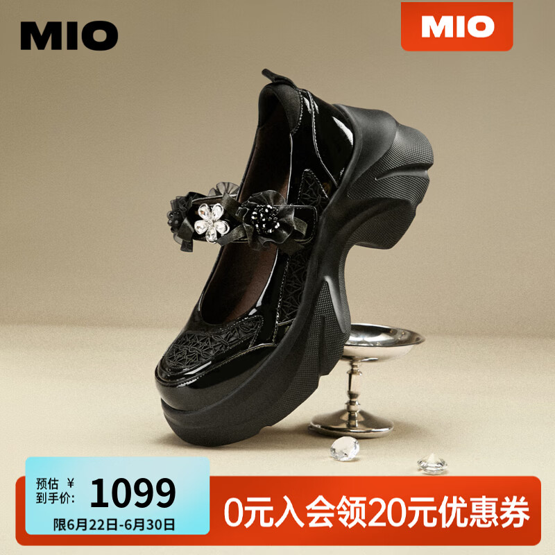 MIO米奥玛丽珍鞋2026夏季新款圆头厚底增高7cm花朵闪钻一字带女鞋 黑色 34 (220mm)