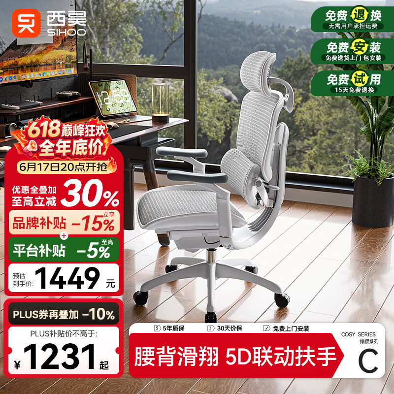 西昊C300二代Lite人体工学椅电脑办公椅人工力学座椅腰背滑翔动态支撑
