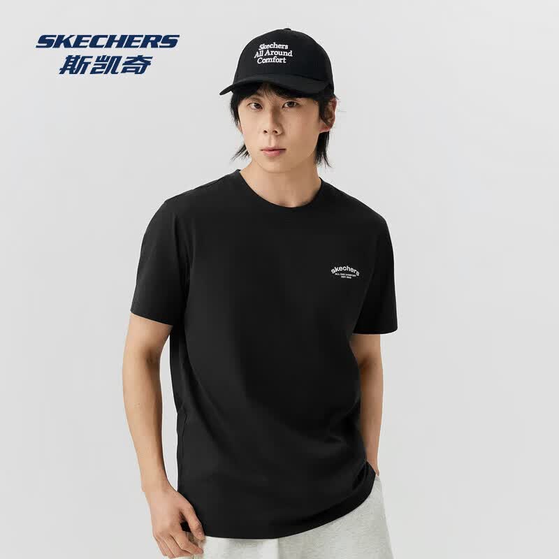 斯凯奇（Skechers）短袖男夏季新款T恤轻薄透气休闲上衣简约纯色情侣打底 碳黑 XL