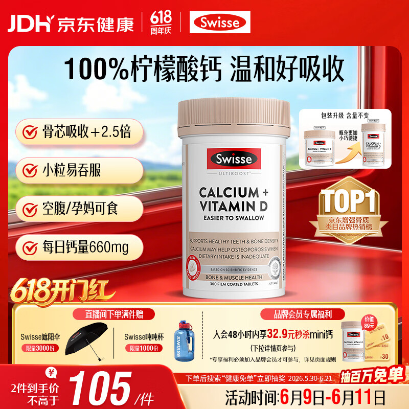 Swisse斯维诗 钙片+维生素D迷你钙片 中老年成人孕妇补钙 柠檬酸钙300片