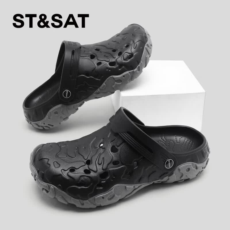 星期六(St&Sat)时尚花纹男士凉鞋一脚蹬夏季新款洞洞鞋男凉拖鞋男鞋WK 黑色 【官方-跟高3cm】 41