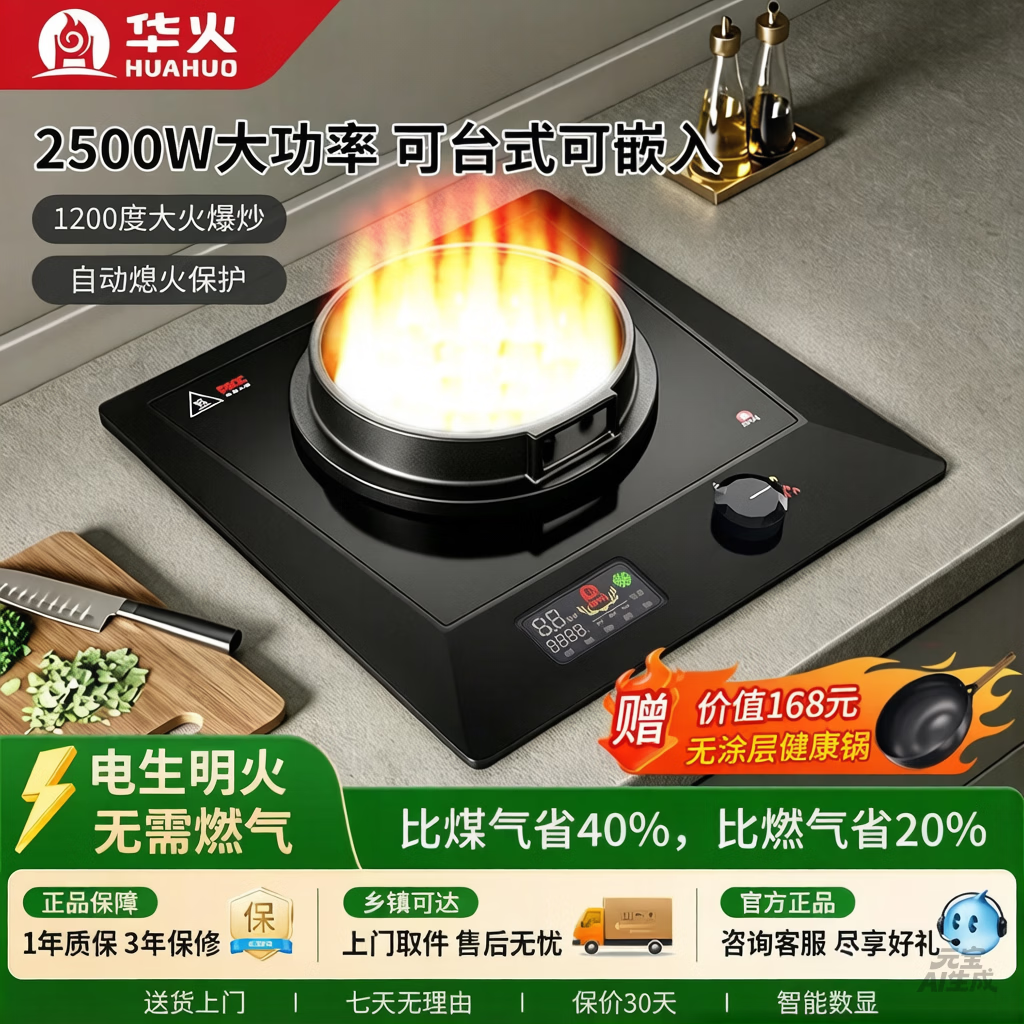 华火2026新款等离子电火灶2500W大功率家用电焰灶无需燃气煤气 30股火焰头可台式可嵌入灶具DQ20Pro 【星空黑】-30股火焰头-功率小火力大