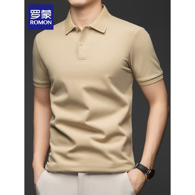 罗蒙(ROMON)纯棉短袖t恤男士2026新款商务休闲Polo衫夏季透气百搭翻领上衣男 米杏 XL 【建议130-150斤】