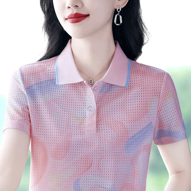 【618】翻领冰丝t恤女夏季速干休闲上衣体恤中年短袖polo衫女 粉色 2XL 【建议115-130斤】