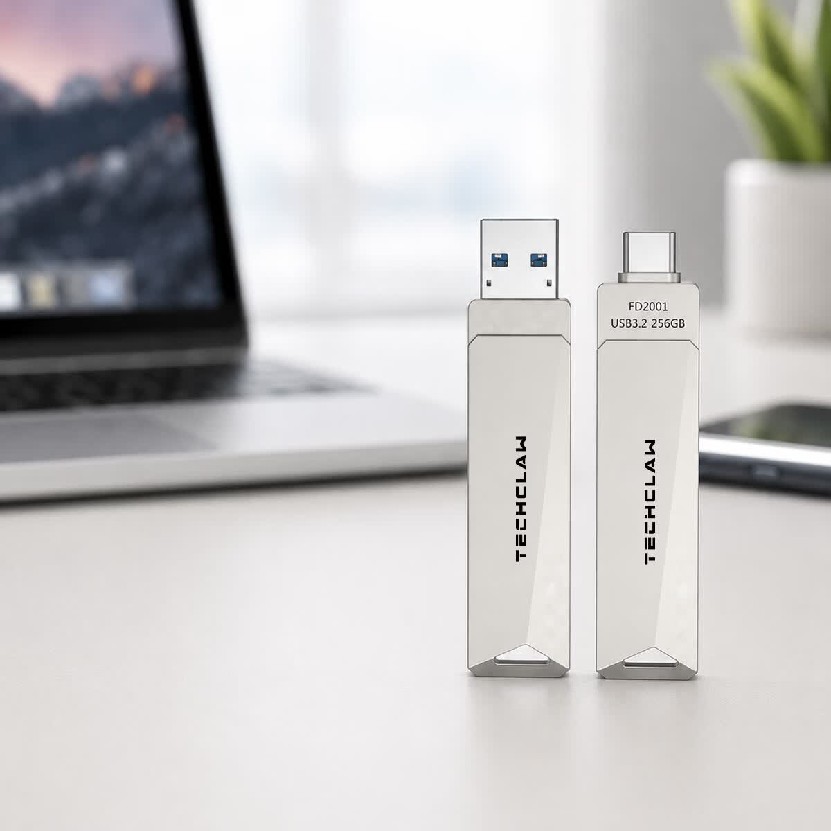 TECHCLAW旗舰正品 大容量 双接口 Type-C 优盘USB 3.2 U盘 高速传输 手机 电脑 系统 两用储存U盘 浅灰色 128GB