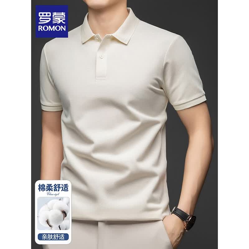 罗蒙(ROMON)纯棉短袖t恤男士2026新款商务休闲Polo衫夏季透气百搭翻领上衣男 米杏 XL 【建议130-150斤】