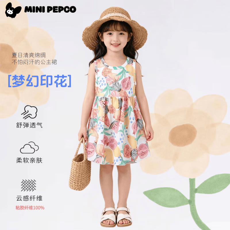 小猪班纳（PEPCO）女童绵绸连衣裙夏季碎花公主裙沙滩裙新款女孩背心裙 2502棉绸裙水果派 140 cm 【偏小建议身高120-130cm】