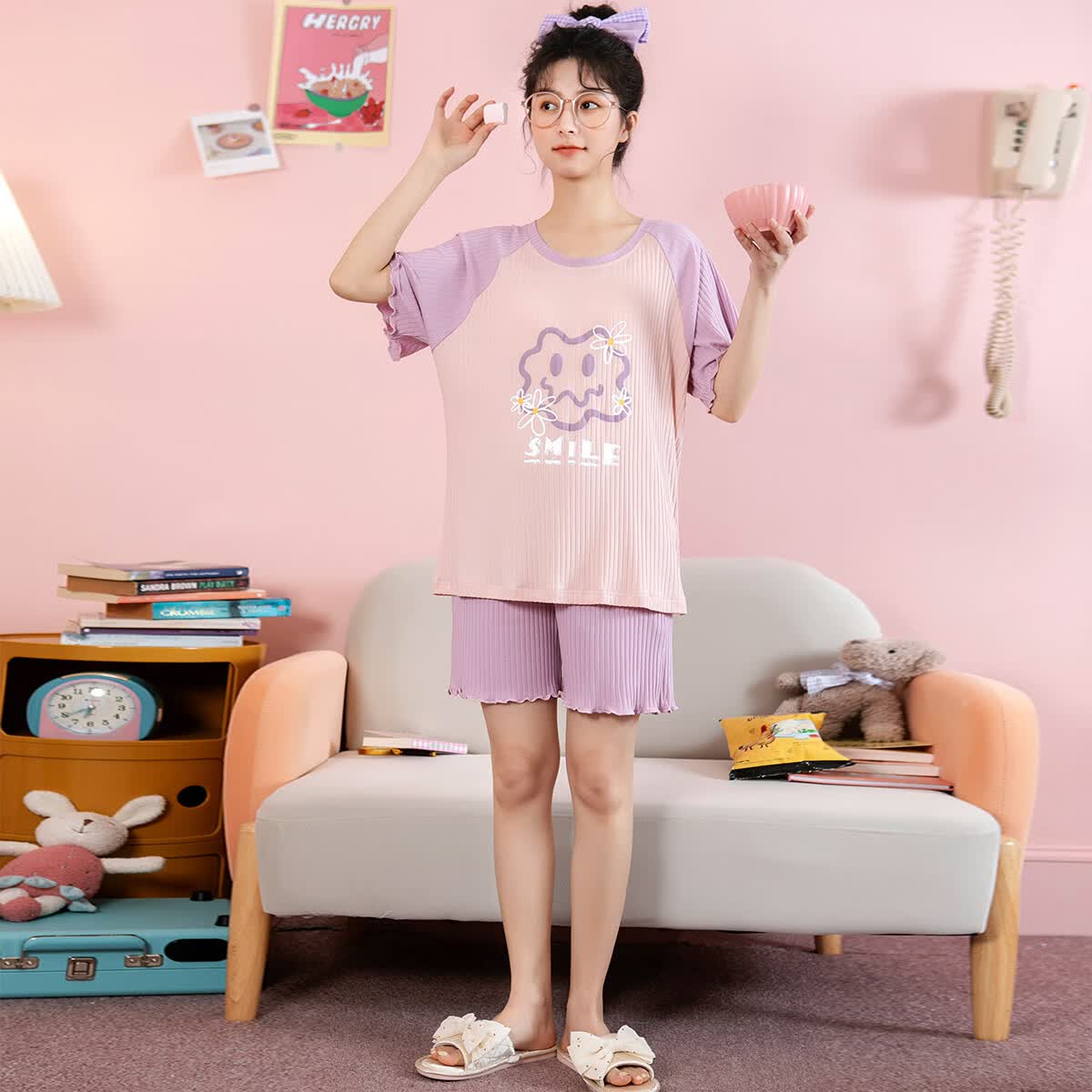 黛梦思睡衣女夏季2026年新款少女初高中学生短袖短裤薄款可外穿家居服 浅紫 （凉而不冰） XL -女款 （建议120-140斤）